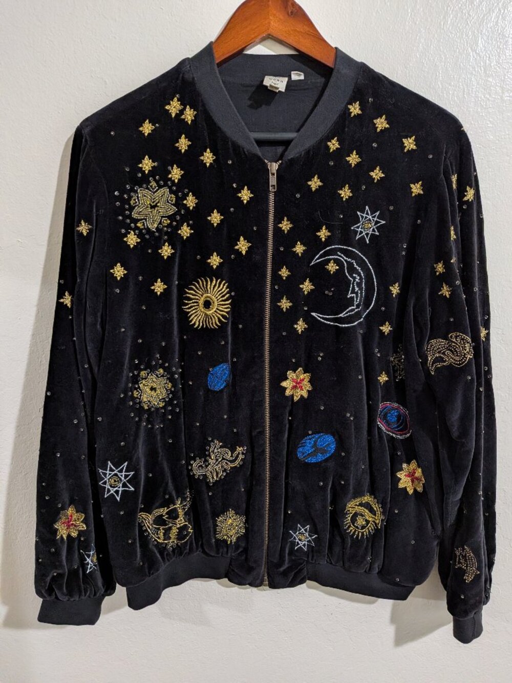 Anthropologie Black Velvet Celestial Embroidered & Beaded Bomber Jacket
